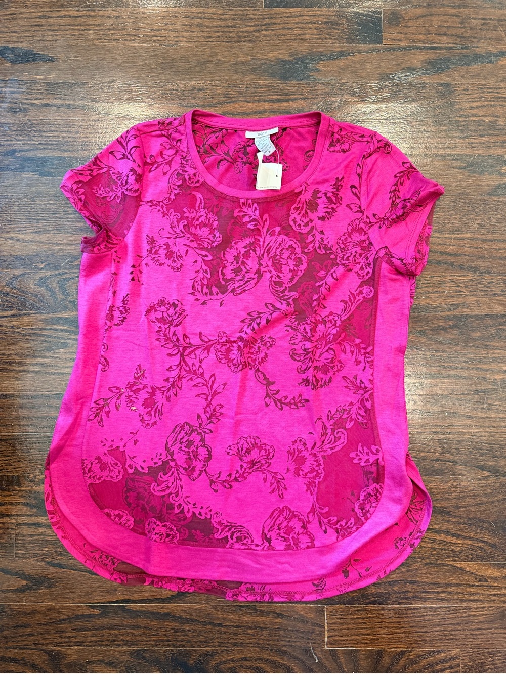 Bar III Magenta Floral Short Sleeve Burnout Tee